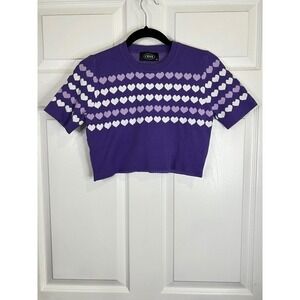 Cider Purple Heart Pattern Short Sleeve Knit Crop Sweater Top - Size XL